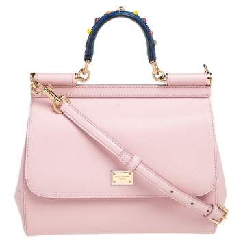 Pre Owned Dolce & Gabbana Pink Leather Studded Handle Medium Miss Sicily Top Handle Bag