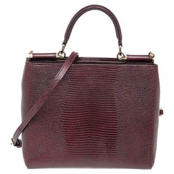 Pre Owned Dolce & Gabbana Burgundy Lizard Embossed Leather Miss Sicily Top Handle Bag