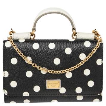 Pre Owned Dolce & Gabbana White/Black Polka dot Leather Miss Sicily Von Wallet on Chain