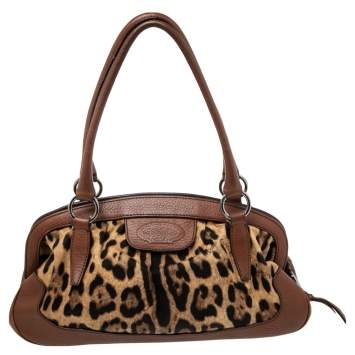 Pre Owned Dolce & Gabbana Brown Leopard Print Canvas and Leather Animalier Zip Satchel