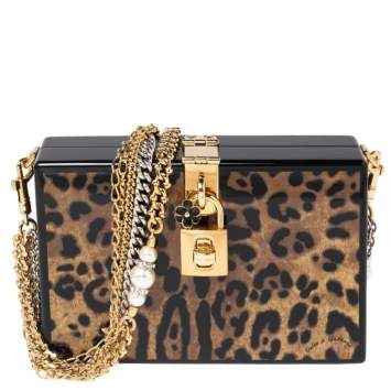 Pre Owned Dolce & Gabbana Black/Brown Leopard Print Acrylic Dolce Box Clutch Bag