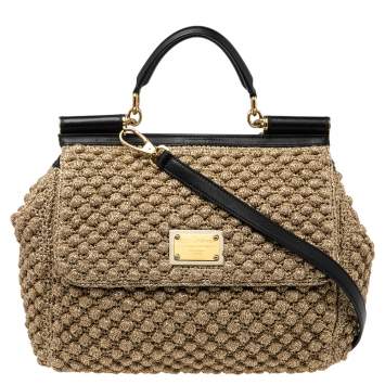 Pre Owned Dolce & Gabbana Metallic Gold Crochet and Leather Large Miss Sicily Top Handle Bag