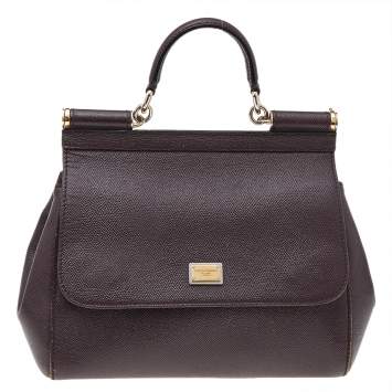 Pre Owned Dolce & Gabbana Burgundy Leather Medium Miss Sicily Top Handle Bag