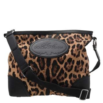 Pre Owned Dolce & Gabbana Black/Brown Leopard Print Canvas And Leather Messenger Bag