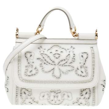 Pre Owned Dolce & Gabbana White Floral Leather Miss Sicily Top Handle Bag
