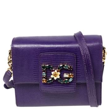 Pre Owned Dolce & Gabbana Purple Lizard Embossed Leather DG Millenials Crossbody Bag