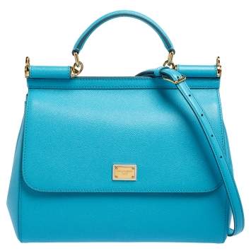 Pre Owned Dolce & Gabbana Light Blue Leather Regular Miss Sicily Top Handle Bag