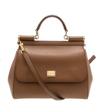 Pre Owned Dolce & Gabbana Tan Leather Medium Miss Sicily Top Handle Bag