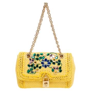 Pre Owned Dolce & Gabbana Yellow Woven Raffia Crystal Embellished Flap Shoulder Bag