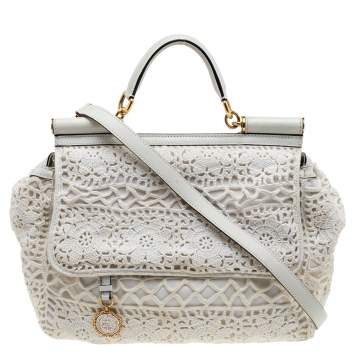 Pre Owned Dolce & Gabbana White Crochet and Leather Large Miss Sicily Top Handle Bag