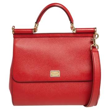 Pre Owned Dolce & Gabbana Red Leather Large Miss Sicily Top Handle Bag