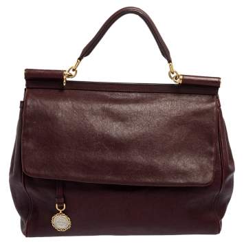 Pre Owned Dolce & Gabbana Burgundy Leather Large Heritage Miss Sicily Top Handle Bag