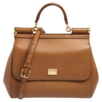 Pre Owned Dolce & Gabbana Brown Leather Medium Miss Sicily Top Handle Bag
