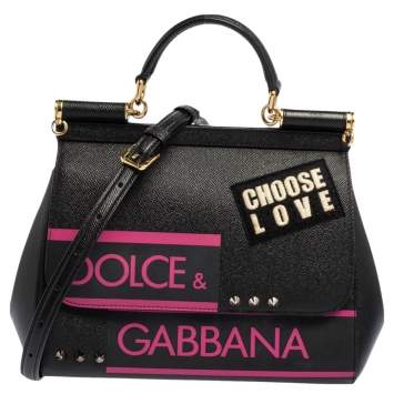 Pre Owned Dolce & Gabbana Black Leather Medium Miss Sicily Choose Love Top Handle Bag