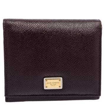 Pre Owned Dolce & Gabbana Plum Leather Trifold Compact Wallet