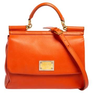 Pre Owned Dolce & Gabbana Orange Leather Large Miss Sicily Top Handle Bag