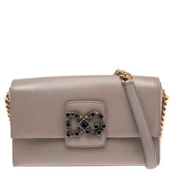 Pre Owned Dolce & Gabbana Grey Lizard Embossed Leather DG Millennials Crossbody Bag