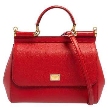 Pre Owned Dolce & Gabbana Red Leather Medium Miss Sicily Top Handle Bag