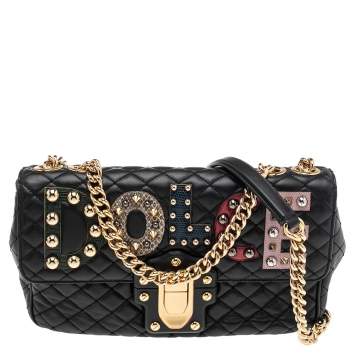 Pre Owned Dolce & Gabbana Black Quilted Leather Lucia Embellished Shoulder Bag