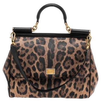 Pre Owned Dolce & Gabbana Black/Brown Leopard Print Leather Miss Sicily Top Handle Bag