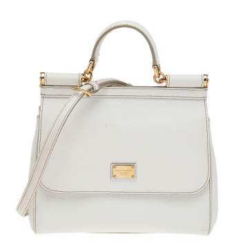 Pre Owned Dolce & Gabbana White Leather Medium Miss Sicily Top Handle Bag