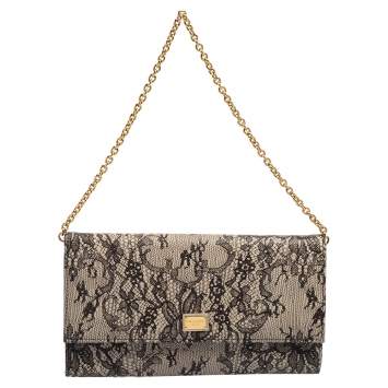 Pre Owned Dolce & Gabbana Black/Beige Lace Print Leather Flap Chain Clutch