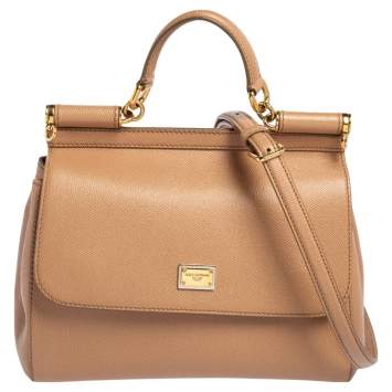 Pre Owned Dolce & Gabbana Beige Leather Medium Miss Sicily Top Handle Bag
