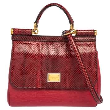 Pre Owned Dolce & Gabbana Red Leather and Snakeskin Medium Miss Sicily Top Handle Bag