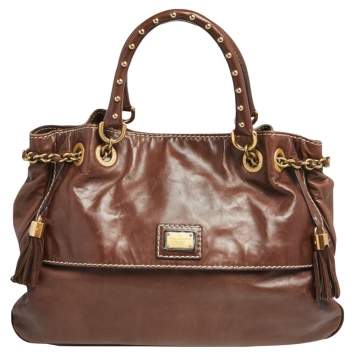 Pre Owned Dolce & Gabbana Brown Soft Leather Studded Handle Tote