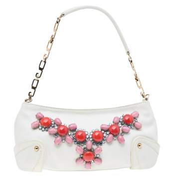 Pre Owned Dolce & Gabbana White Leather Embellished Baguette Bag