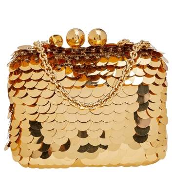 Pre Owned Dolce & Gabbana Gold Sequins Lock Frame Shoulder Bag