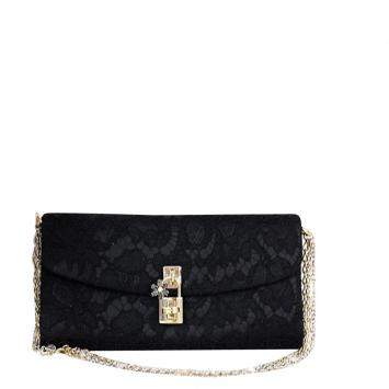Pre Owned Dolce & Gabbana Black Lace Padlock Chain Clutch Bag 