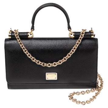 Pre Owned Dolce & Gabbana Black Leather Miss Sicily Von Wallet on Chain