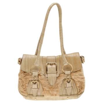 Pre Owned Dolce & Gabbana Beige Eel Leather and Fur Satchel