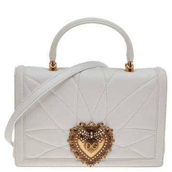 Pre Owned Dolce & Gabbana White Matelassé Leather Devotion Top Handle Bag
