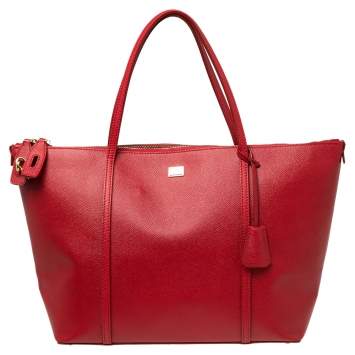 Pre Owned Dolce & Gabbana Red Leather Miss Escape Top Zip Shopper Tote