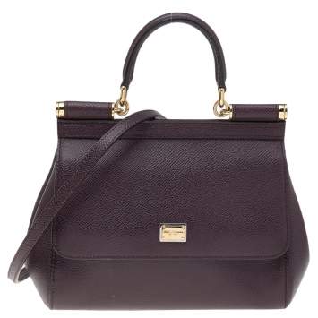 Pre Owned Dolce & Gabbana Plum Leather Small Miss Sicily Top Handle Bag