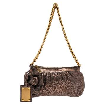 Pre Owned Dolce & Gabbana Dark Copper Textured Leather Floral Applique Chain Clutch