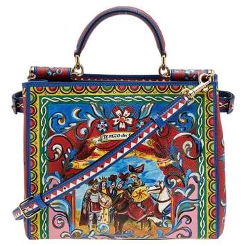 Pre Owned Dolce & Gabbana Multicolor Teatro Dei Pupi Print Leather Medium Miss Sicily Top Handle Bag