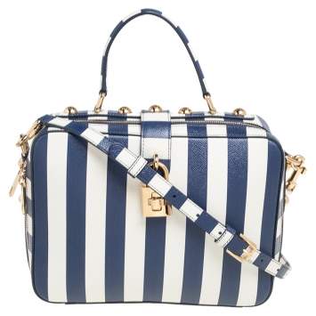 Pre Owned Dolce & Gabbana Blue/White Striped Leather Box Top Handle Bag