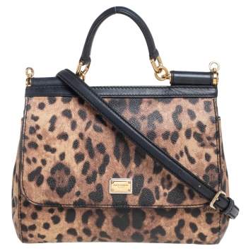 Pre Owned Dolce & Gabbana Brown Leopard Print Coated Canvas Miss Sicily Top Handle Bag