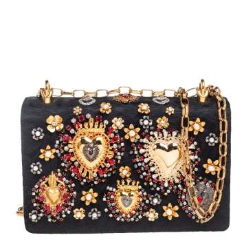 Pre Owned Dolce & Gabbana Black Brocade Fabric & Leather Heart Embellished Shoulder Bag