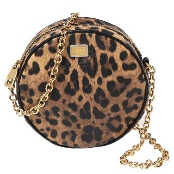 Pre Owned Dolce & Gabbana Beige/Brown Leopard Print Coated Canvas Glam Round Crossbody Bag