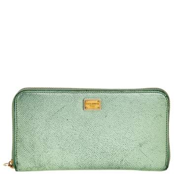 Pre Owned Dolce & Gabbana Metallic Green Leather Zip Around Wallet