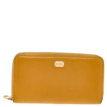 Pre Owned Dolce & Gabbana Yellow Leather Zip Around Wallet