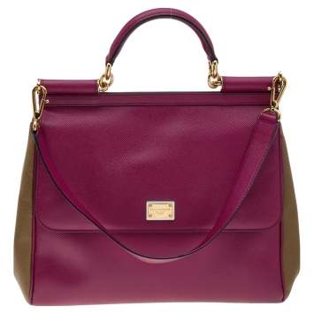 Pre Owned Dolce & Gabbana Burgundy/Olive Green Leather Large Miss Sicily Top Handle Bag