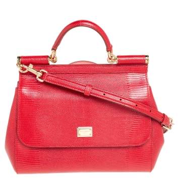 Pre Owned Dolce & Gabbana Red Lizard Embossed Leather Medium Miss Sicily Top Handle Bag