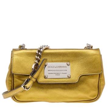 Pre Owned Dolce & Gabbana Metallic Gold Leather Flap Shoulder Bag