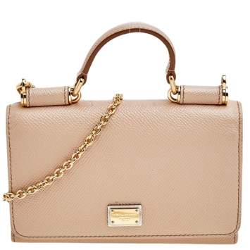 Pre Owned Dolce & Gabbana Beige Leather Miss Sicily Von Wallet on Chain
