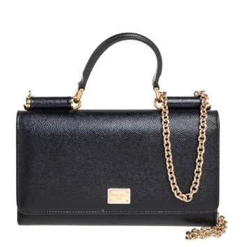 Pre Owned Dolce & Gabbana Black Leather Miss Sicily Von Wallet on Chain